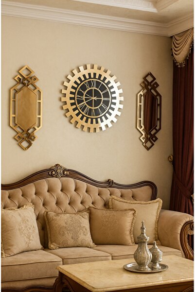 NİSANEST Dekoratif Büyük Boy XL Tablo Duvar Saati Gold 50x50 cm