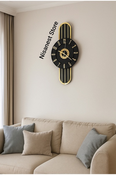 NİSANEST Dekoratif Aynalı Gold - Siyah Duvar Saati 50x25 cm