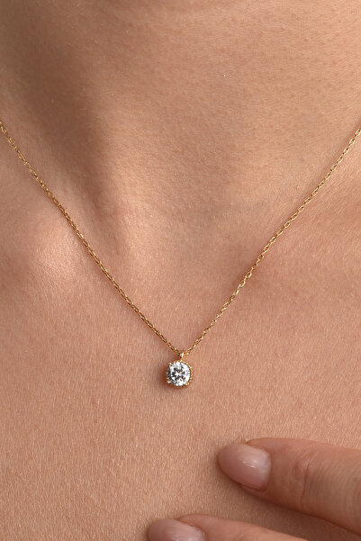 Nox Jewelry 925 Ayar Gümüş Altın Kaplama 5mm Yuvarlak Minimal Tek Taş Kolye -...
