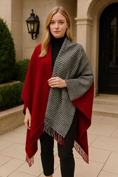 Betülce Women's Winter Plaid Wool Shawl - Double-Sided Shoulder Shawl / Oversized Blanket Shawl 70X190Cm - Red