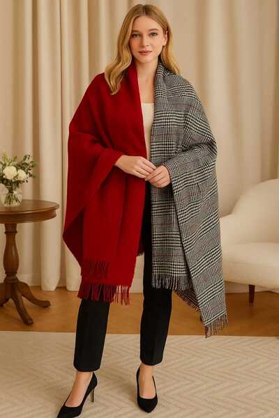 Betülce Women's Winter Plaid Wool Shawl - Double-Sided Shoulder Shawl / Oversized Blanket Shawl 70X190Cm - Red