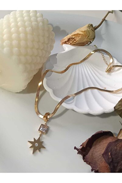 Denic Tasarım Star Stone Italian Chain Gold Necklace Stainless Steel