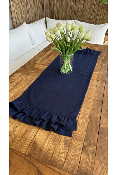 Decamor home Vintage Kadife Dokulu Lacivert Çift Kat Fırfırlı Runner