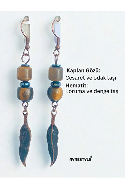 ayrestyle Kaplan Gözü ve Hematit Taşlı Kartal Tüyü Detaylı Bakır Renk Sallantılı Kadın Küpe