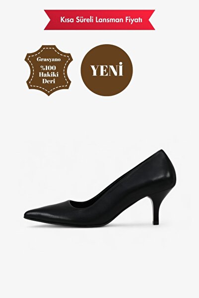 Grasyano Hakiki Deri Stiletto Siyah Sivri Burun Yumuşak Deriden Sade Konforlu...