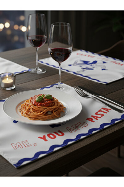 RahanDesign Me , You and Pasta Yazılı 4lü Amerikan Servis Set - 35x45cm - 4lü Süet Amerikan Servis Set