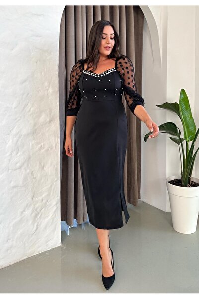 Butik Nilyam Вечірня сукня з розрізами з перламутровою деталізацією в горошок з розрізами 24123