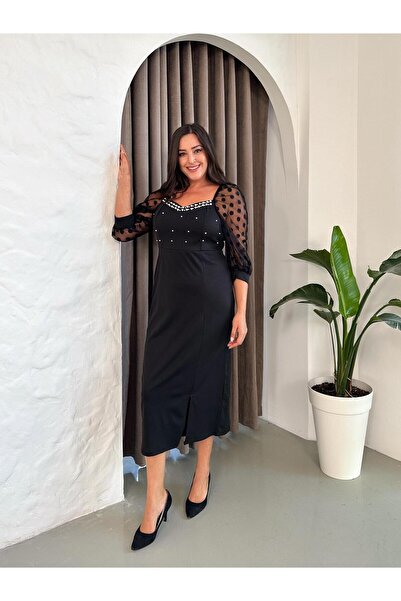 Butik Nilyam Вечірня сукня з розрізами з перламутровою деталізацією в горошок з розрізами 24123