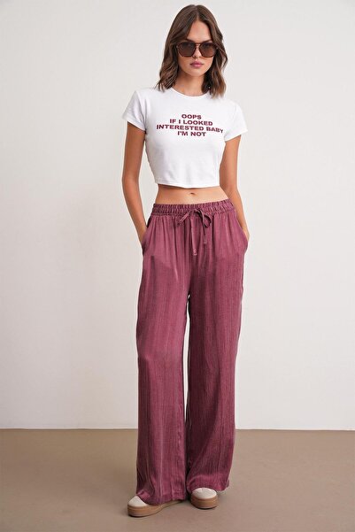 Enga Vera KADIN PANTOLON BELİ LASTİKLİ BOL PAÇA WİDE LİGE ESKİTME KETEN