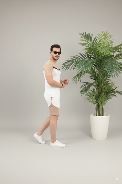 Fifty Color Unisex Συνδυασμός καλοκαιρινού σορτς και μπλουζάκι White-Camel