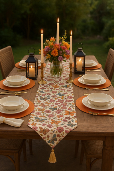 shopshop 3D Embroidery Effect Butterfly Pattern Presentation Set 6 Pieces American Tablecloth Supla 1 Piece Tassel Runner Cover