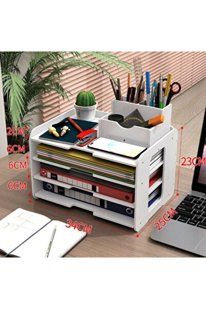 OEM Organizator de documente de birou, alb, PVC – 4 compartimente + suport pentru pixuri