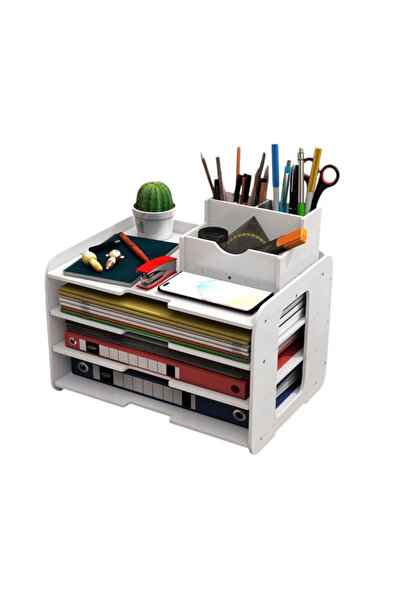 OEM Organizator de documente de birou, alb, PVC – 4 compartimente + suport pe...