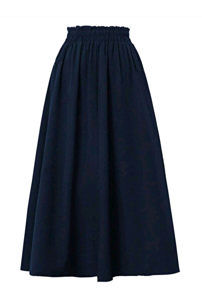 sayina Women's Dark Blue Pocketed Woven 100% Cotton Linen Flared Midi Skirt
