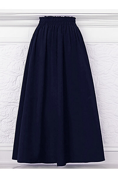 sayina Women's Dark Blue Pocketed Woven 100% Cotton Linen Flared Midi Skirt