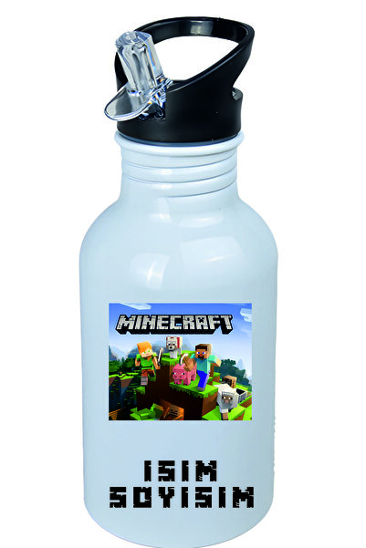 Kreax Minecraft Temalı Kopçalı Pipetli Matara-Suluk Kişiye Özel