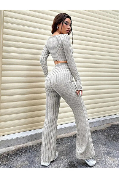 Wildco Women's Light Gray Round Neck Long Sleeve Slit Front Detailed Lycra Blouse Spanish Leg Pants Set