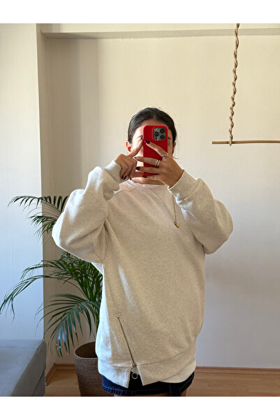 Floria Krem Kahve Kırçıllı Oversize Sweatshirt – Basic Spor Model Yan Fermuar Detaylı Oversize