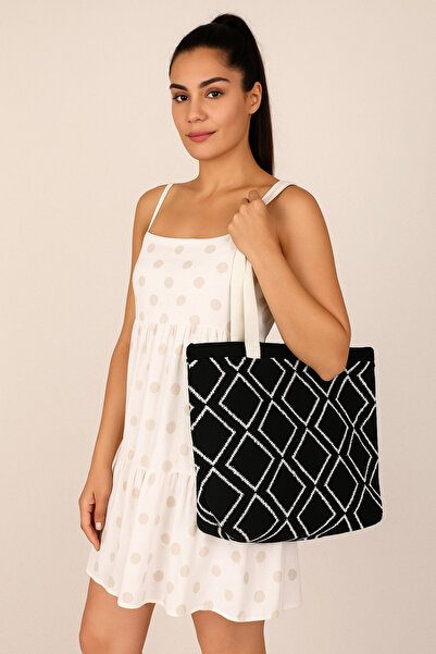 Sebir Moda Checkered Patterned Knitwear Shoulder and Beach Bag