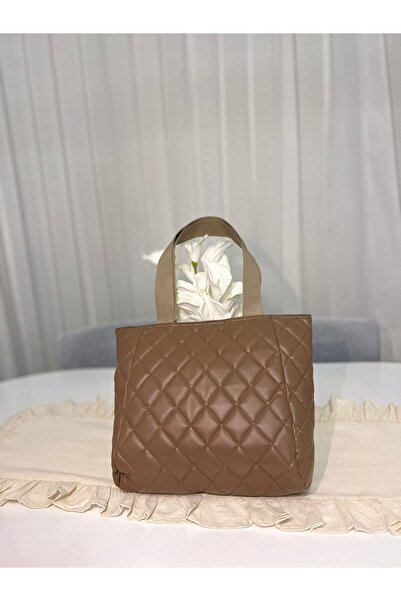 MODANTA Quilted Stitched Large Tote Women's Hand and Shoulder Bag (Light Brown)