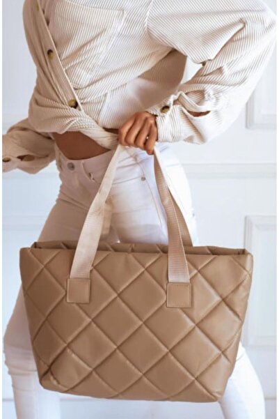 MODANTA Quilted Stitched Large Tote Women's Hand and Shoulder Bag (Light Brown)