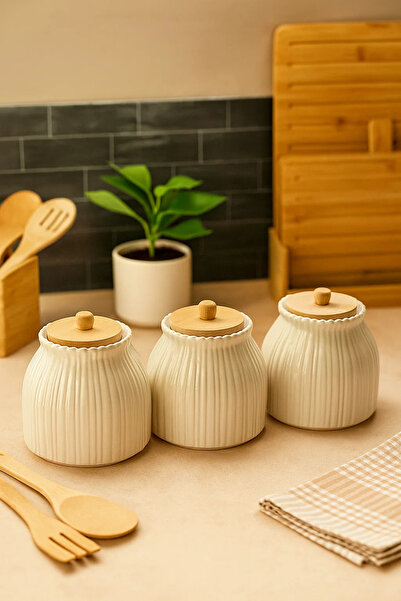 Woodcept Set of 3 Porcelain Daisy Model Wooden Vacuum Lids for Tea, Sugar, Salt, Coffee Storage Jars