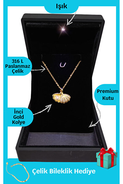 ganispe Işıklı Premium Kutuda Istiridye Inci Çelik Kolye | Paslanmaz Kararmaz...