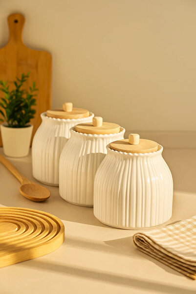 Woodcept Set of 3 Porcelain Daisy Model Wooden Vacuum Lids for Tea, Sugar, Salt, Coffee Storage Jars