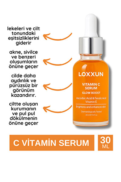 LOXXUN Vitamin C Serum Leke Karşıtı Aydınlatıcı, Canlı Parlak Ve Renk Eşitleyici, Vitamin B5 30 ml
