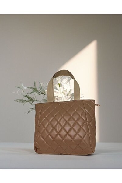 MODANTA Quilted Stitched Large Tote Women's Hand and Shoulder Bag (Light Brown)