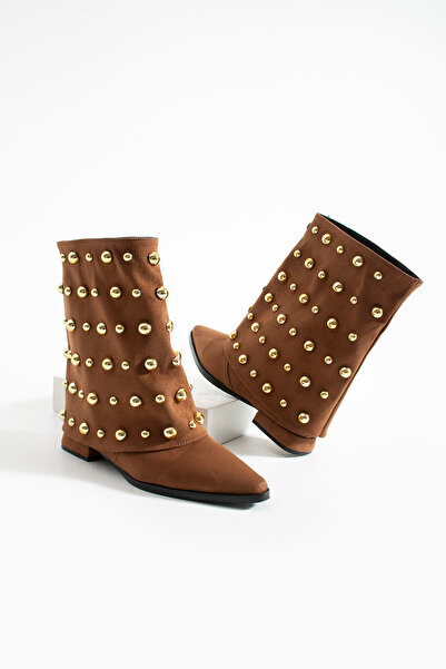 diclepolat Γυναικείες μπότες από σουέτ με ίσιο τακούνι, με χρυσά καρφιά, με μυτερή μύτη, Ginez