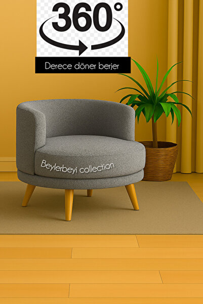 BEYLERBEYİ 360 derece döner berjer, gri peluş renkli tekli koltuk, mekanizmalı düner berjer,