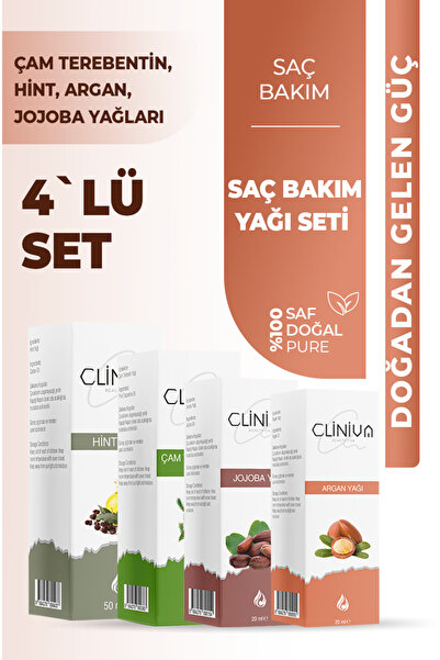 cliniva Saç Dökülmesine Karşı 4’lü Organik Yağ Seti | Çam Terebentin, Hint, Argan, Jojoba
