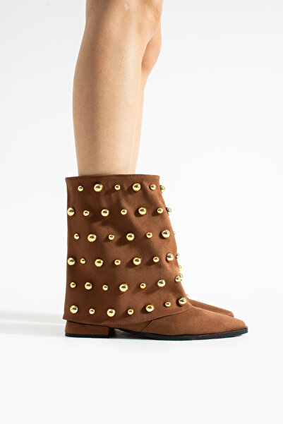 diclepolat Γυναικείες μπότες από σουέτ με ίσιο τακούνι, με χρυσά καρφιά, με μυτερή μύτη, Ginez