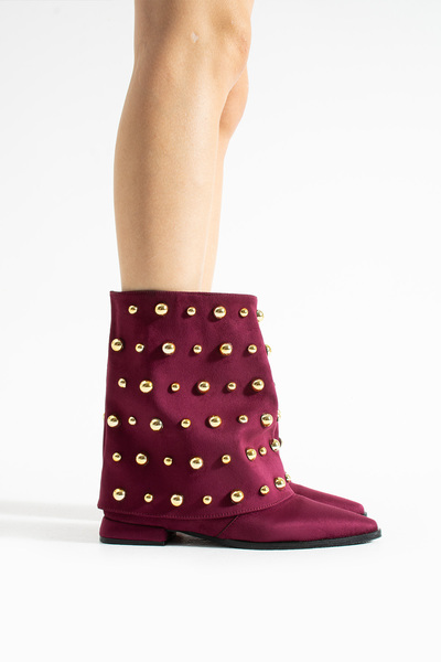 diclepolat Women's Burgundy Gold Studded Pointed Toe Flat Heel Suede Boots Ginez