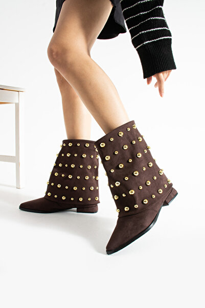 diclepolat Kadın Kahve Altın Zımbalı Sivri Burun Düz Topuk Süet Bot Ginez