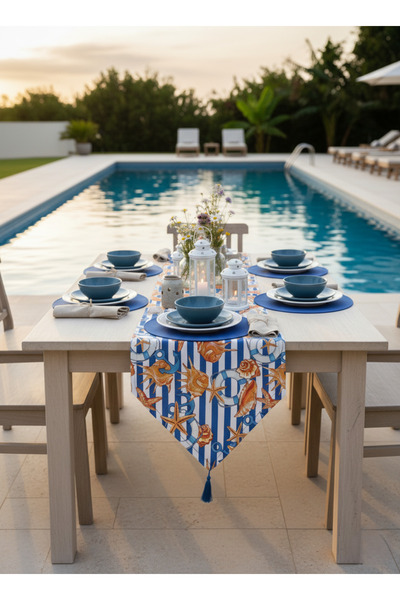 shopshop 7 Piece Starfish Pattern Presentation Set 6 Pieces American Tablecloth 1 Piece Tasseled Runner Cover Set