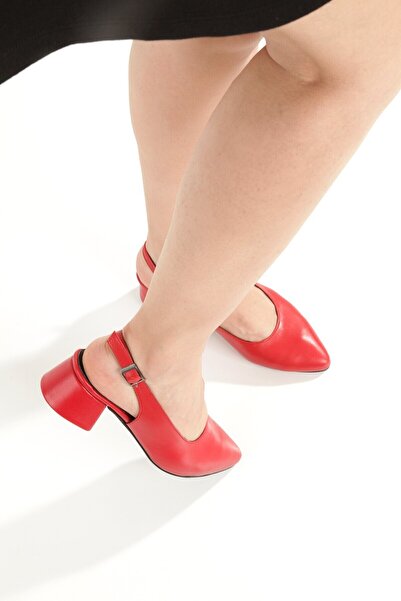 elvinshoes Biana Hakiki Deri Kırmızı Kalın Topuk Sivri Burun Arkası Açık Klasik Topuklu Ayakkabı