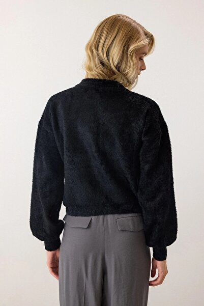 Vaveyla Μαύρη πλεκτή ζακέτα με μανίκια με μπαλόνι από μαλακό νήματα