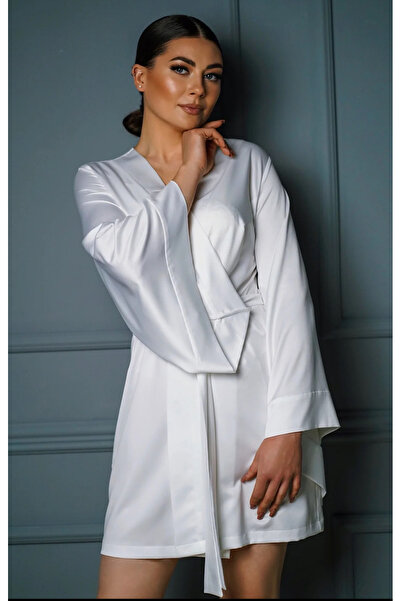 Juwana Kimono pentru femei, alb, din satin, cu curea, scurtă – mânecă largă, ...