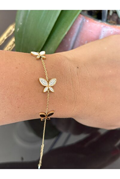 Butik Kelebekli Taşlı Mine Detaylı Buddleja Kadın Bileklik, Altın Renk, 17+5 ...