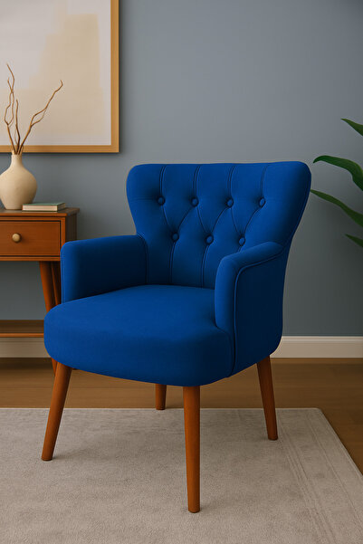 Azra Mobilya Modern Berjer Tekli Koltuk – Saks Mavi Babyface Kumaş, Ceviz Ayak, | Salon, Oturma Odası, Balkon