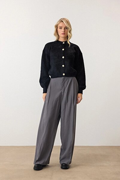 Vaveyla Μαύρη πλεκτή ζακέτα με μανίκια με μπαλόνι από μαλακό νήματα