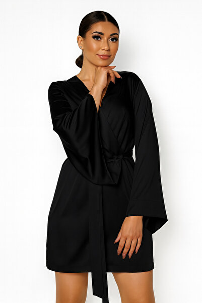 Juwana Women's White Satin Belted Short Robe Kimono – Wide Sleeves, Elegant and Stylish