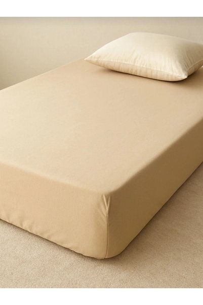 CollessiaHome %100 Cotton Poplin Fabric Premium Single Fitted Sheet Bed Sheet - 100x200 cm - Beige