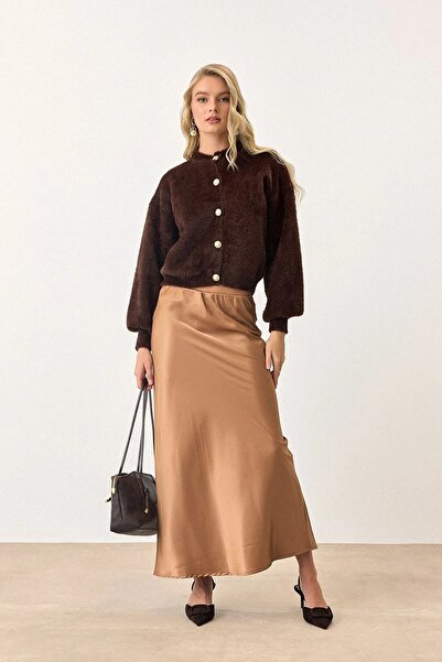 Vaveyla Καφέ Μαλακό Πλεκτό Μπαλόνι με Μανίκια Μπαλόνι με Μανίκια Κουμπιά Πλεκτό Ζακέτα