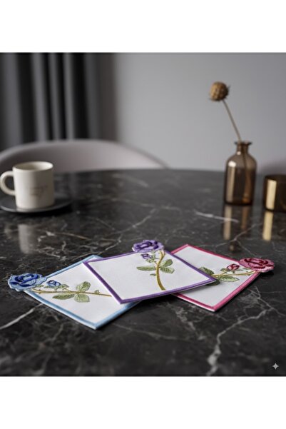 NGR HOME مجموعة مكونة من 3 قطع مطرزة باللون الوردي ومنديل كوكتيل للعرض الجانبي