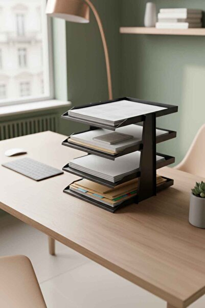 DEQQU SteelLine 4 Katlı Metal Dosya Rafı - Masa Üstü Ultra Sağlam Ofis Organizer (29.5x30.5x25cm)