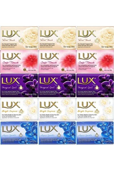 LUX صابون 80 جرام (مجموعة مختلطة مكونة من 15 قطعة) لمسة ناعمة/لمسة مخملية/سبيل سحري/أكوا سبارك/برايت إمبريس