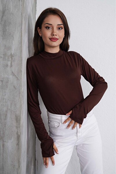 formenza Kadın Kahverengi %100 VİSKON Parmak Detaylı Uzun Kollu Body